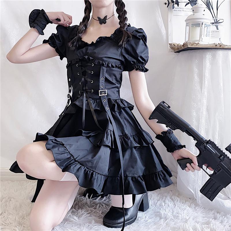 Y2K Ruffle Lace Up Buckle Gothic Sweet Dress Modakawa