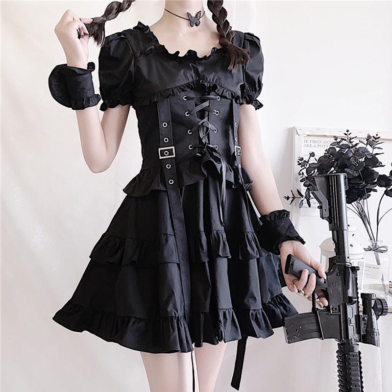 Y2K Ruffle Lace Up Buckle Gothic Sweet Dress Modakawa