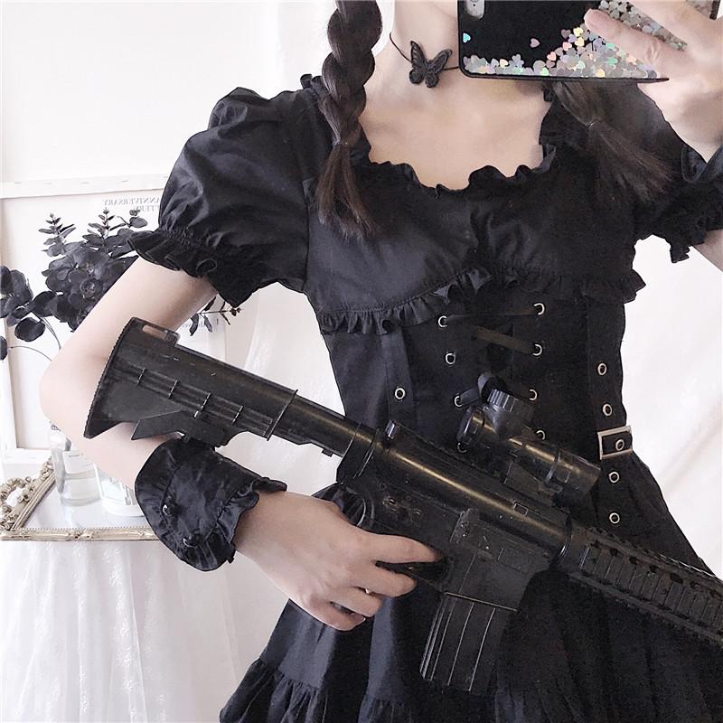 Y2K Ruffle Lace Up Buckle Gothic Sweet Dress Modakawa