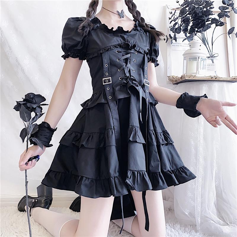 Y2K Ruffle Lace Up Buckle Gothic Sweet Dress Modakawa