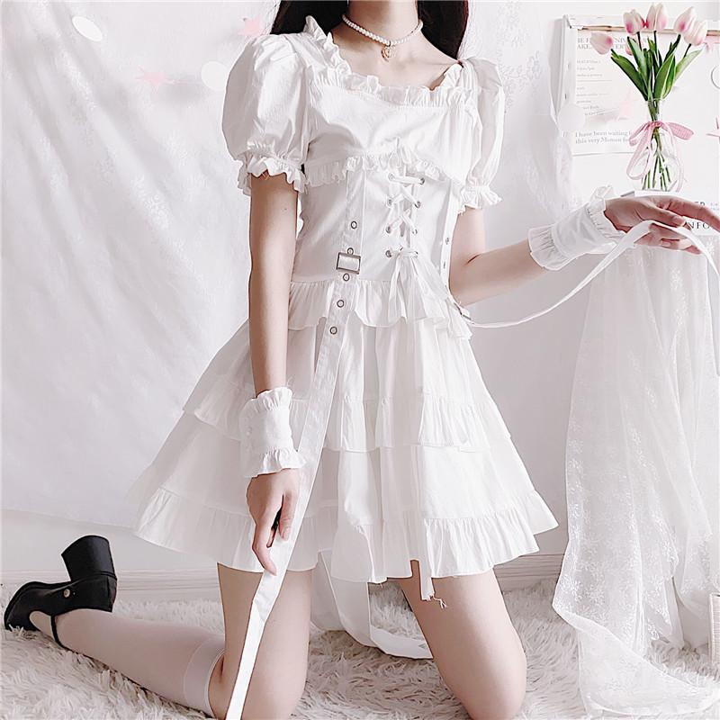 Y2K Ruffle Lace Up Buckle Gothic Sweet Dress Modakawa