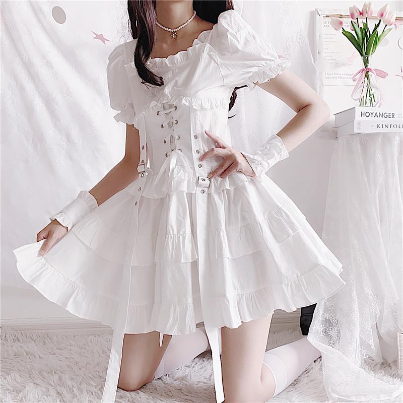 Y2K Ruffle Lace Up Buckle Gothic Sweet Dress Modakawa