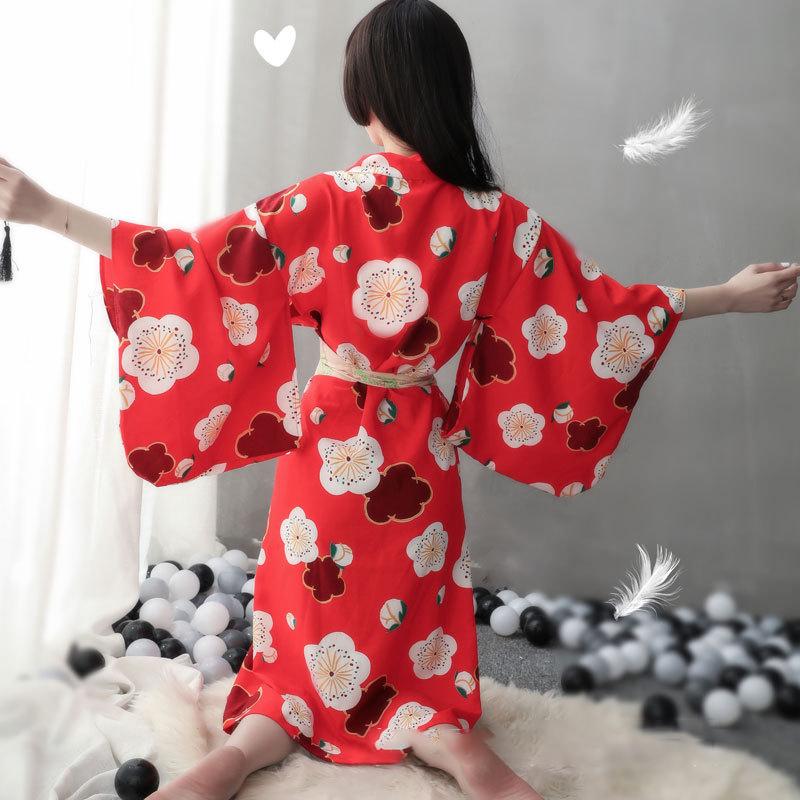 Red Sakura Print Kimono Lingerie Nightdress Modakawa