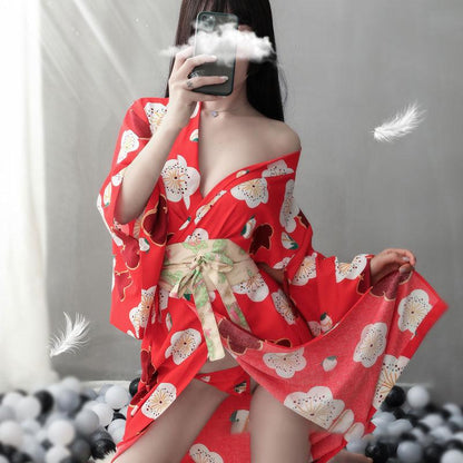 Red Sakura Print Kimono Lingerie Nightdress Modakawa