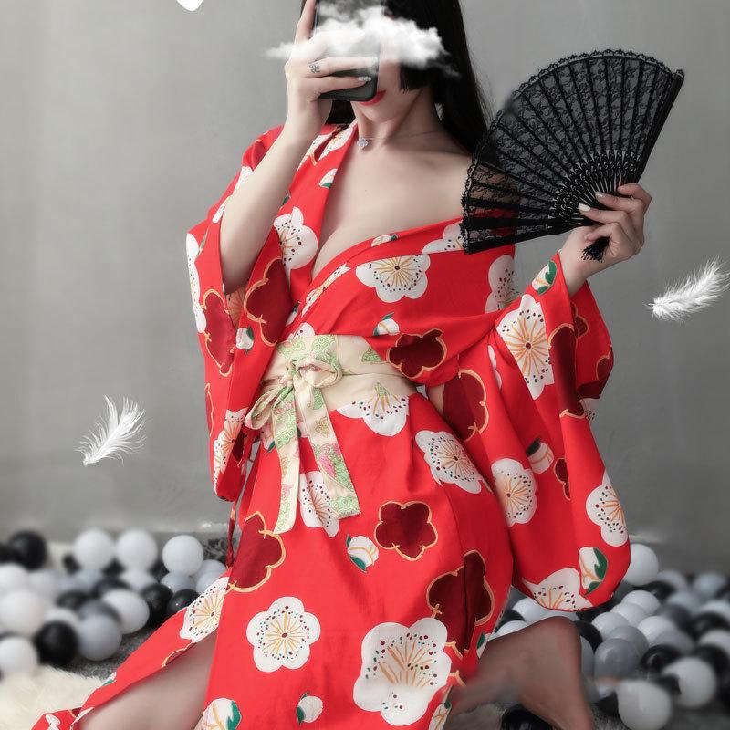 Red Sakura Print Kimono Lingerie Nightdress Modakawa