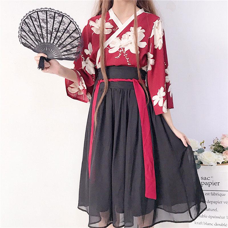 Floral Red Black Hanfu Costume Set Modakawa