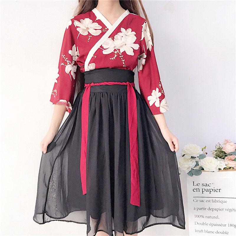 Floral Red Black Hanfu Costume Set Modakawa