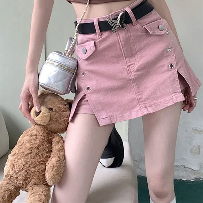 Pink Denim Butterfly Belt Skort - Skirt