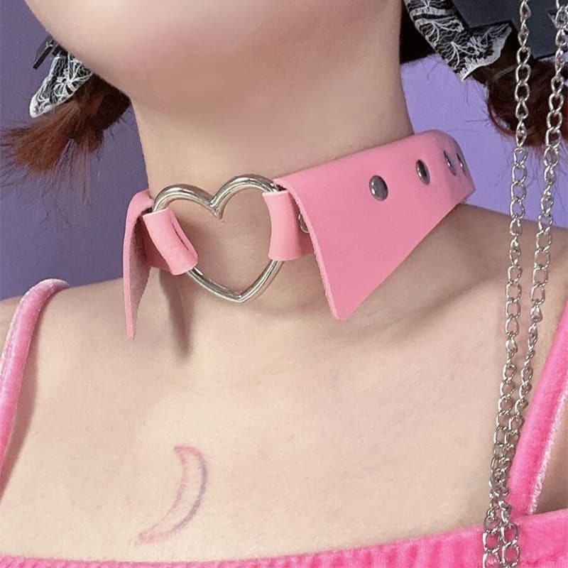 Pink Fake Collar Hollow SIiver Heart PU Choker ON789 - Pink