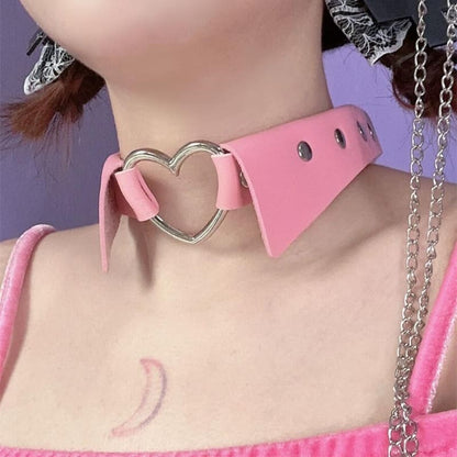 Pink Fake Collar Hollow SIiver Heart PU Choker ON789 - Pink