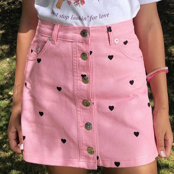 Pink Heart Denim Skirt - Skirt