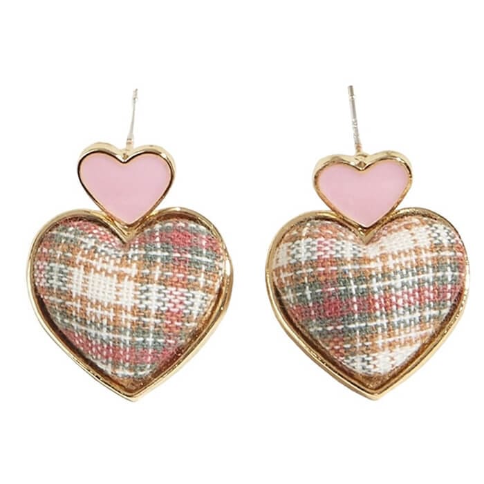 Pink Heart Tweed Earrings - Standart / Pink/gold - earrings