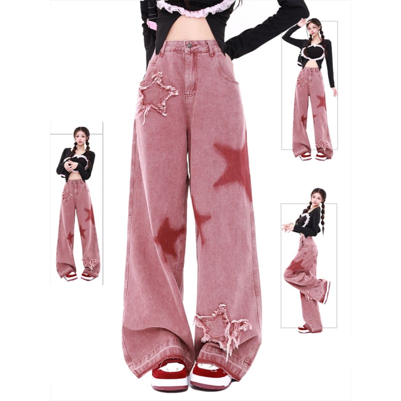 Pink Star Retro Jeans - Lovesickdoe