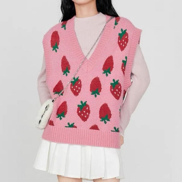 Pink Strawberry Knit Vest - Vest