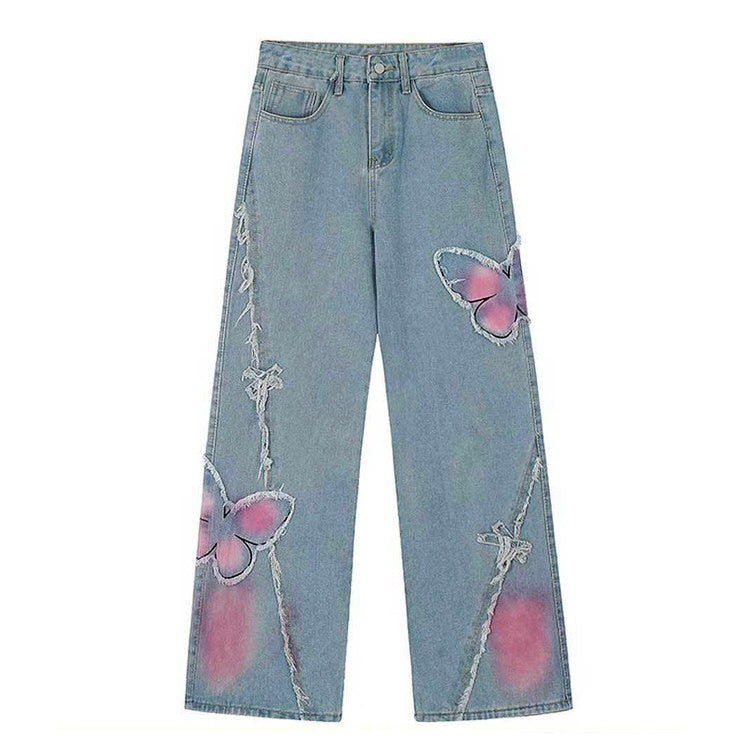 Y2K Pink Butterfly Wide Leg Jeans Boogzel Clothing