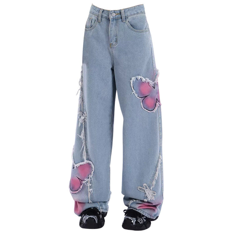 Y2K Pink Butterfly Wide Leg Jeans Boogzel Clothing