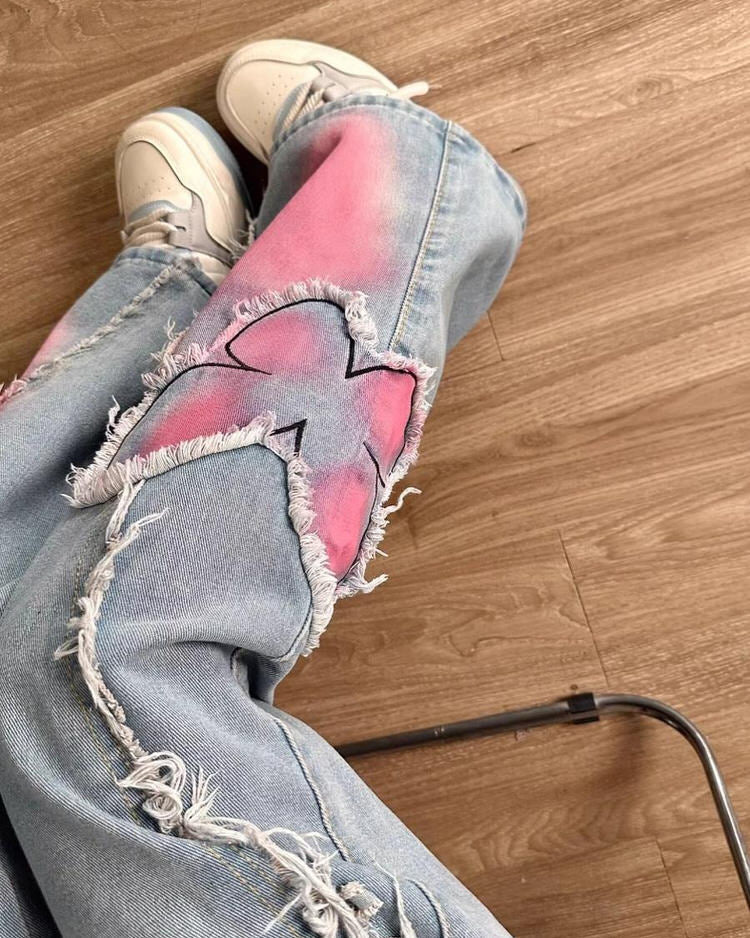 Y2K Pink Butterfly Wide Leg Jeans Boogzel Clothing