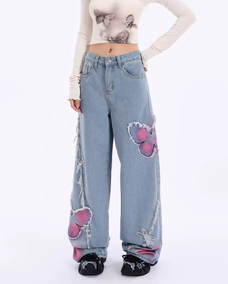 Y2K Pink Butterfly Wide Leg Jeans Boogzel Clothing