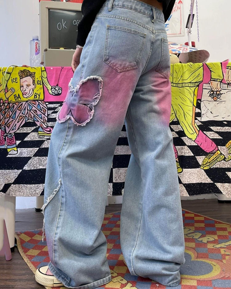 Y2K Pink Butterfly Wide Leg Jeans Boogzel Clothing