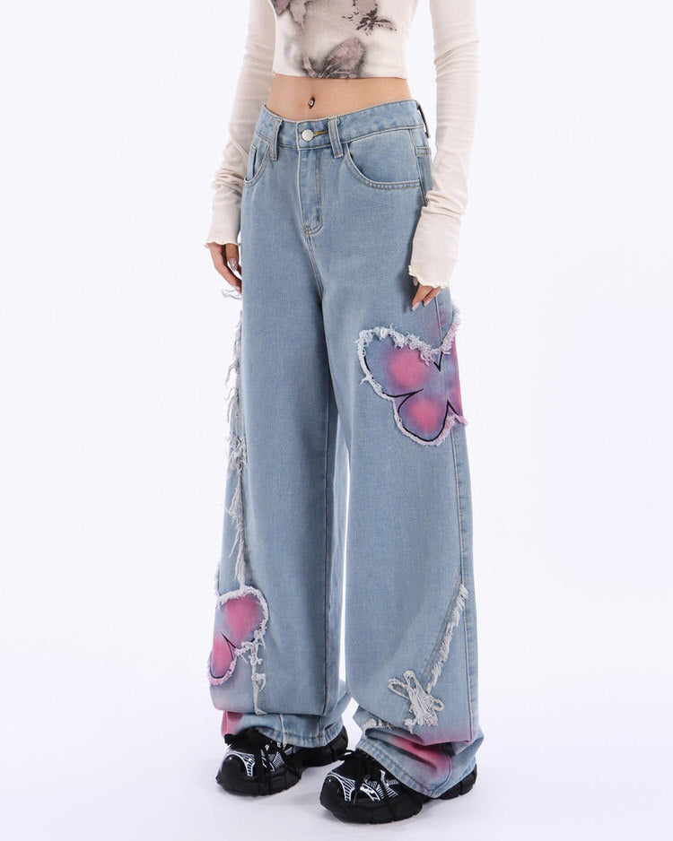 Y2K Pink Butterfly Wide Leg Jeans Boogzel Clothing