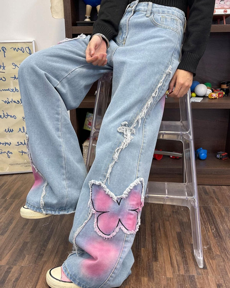 Y2K Pink Butterfly Wide Leg Jeans Boogzel Clothing