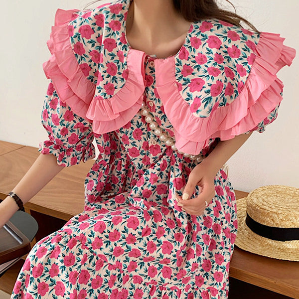 Lace Collar Pink Floral Dress SpreePicky