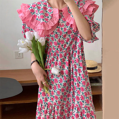 Lace Collar Pink Floral Dress SpreePicky