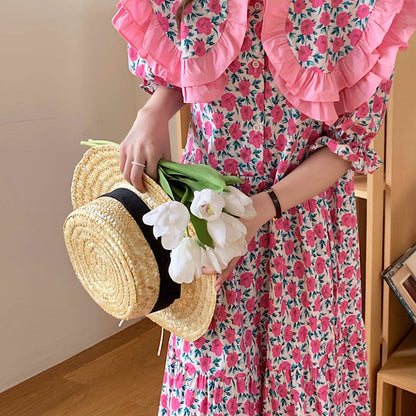 Lace Collar Pink Floral Dress SpreePicky