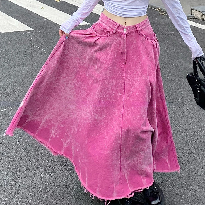 Pink Distressed Denim Maxi Skirt Boogzel Clothing