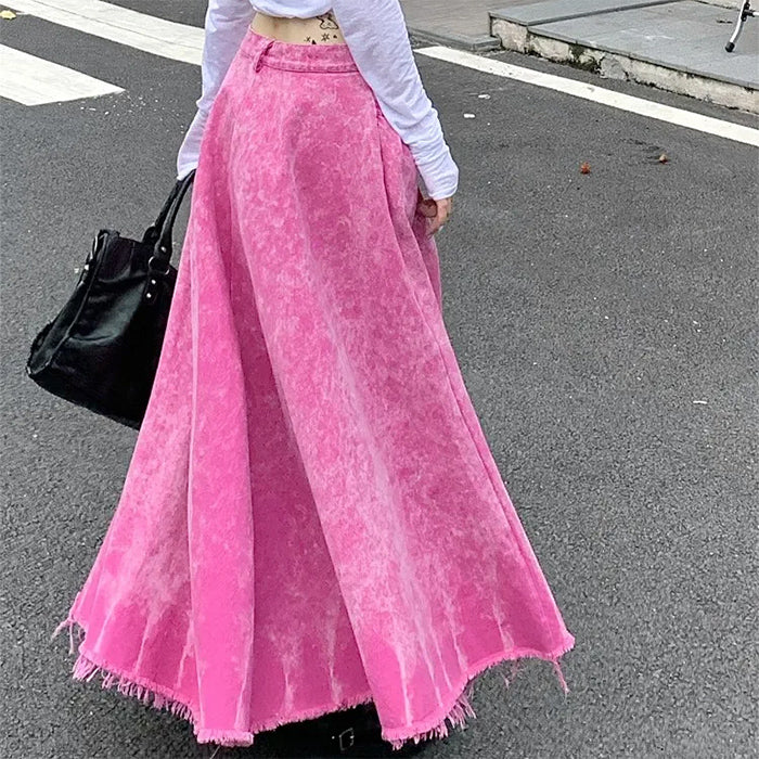 Pink Distressed Denim Maxi Skirt Boogzel Clothing