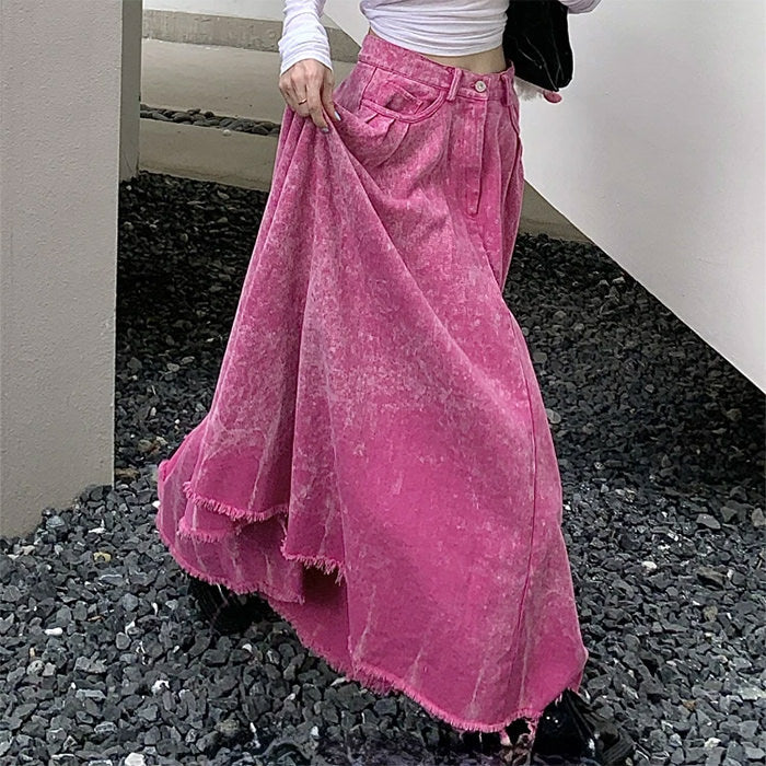 Pink Distressed Denim Maxi Skirt Boogzel Clothing