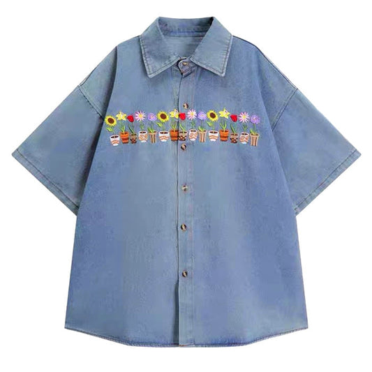 Floral Pots Embroidery Denim Shirt Boogzel Clothing