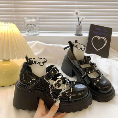 Kawaii Aesthetic Y2K Cute Fairy Punk Chunky Heart Mary Jane Lolita Shoes MK Kawaii Store