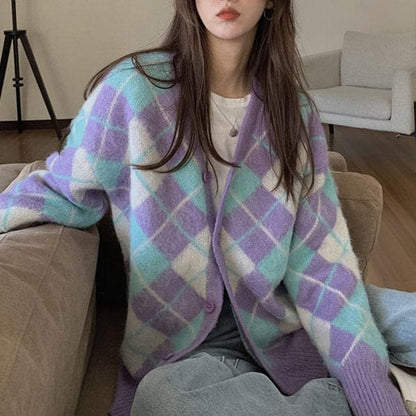 Purple Fuzzy Argyle Cardigan - Free Size / Purple - Cardigan