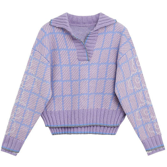 Purple Plaid V - neck Sweater - Free Size / Purple - Sweater