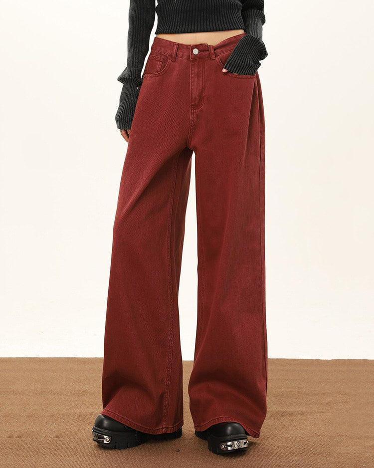 Wine Red Wide-Leg Jeans SpreePicky