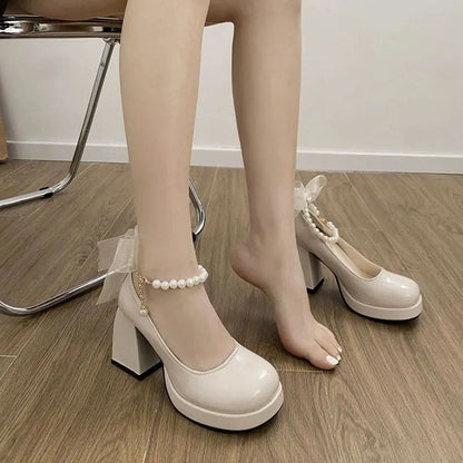 Kawaii Aesthetic Y2K Cute Fairy Retro Pearl Bow Mary Jane Shoes MK Kawaii Store