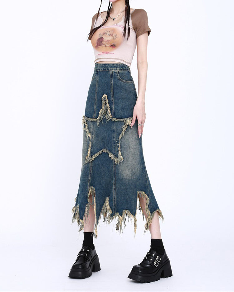 Y2K Star Long Denim Skirt Boogzel Clothing