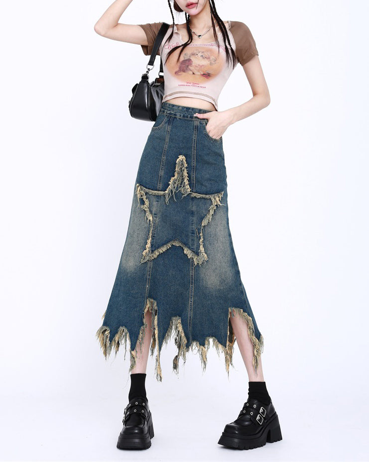 Y2K Star Long Denim Skirt Boogzel Clothing