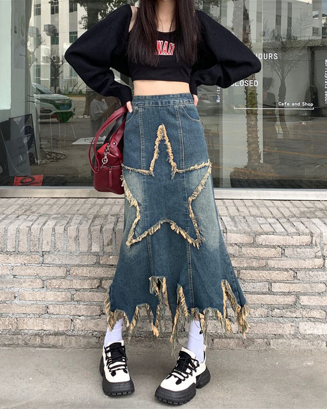 Y2K Star Long Denim Skirt Boogzel Clothing