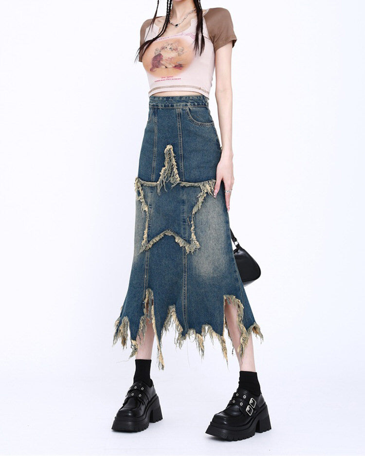 Y2K Star Long Denim Skirt Boogzel Clothing