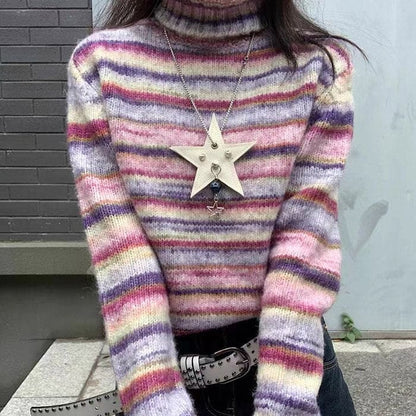 Striped Colorful Turtleneck Sweater - Sweater