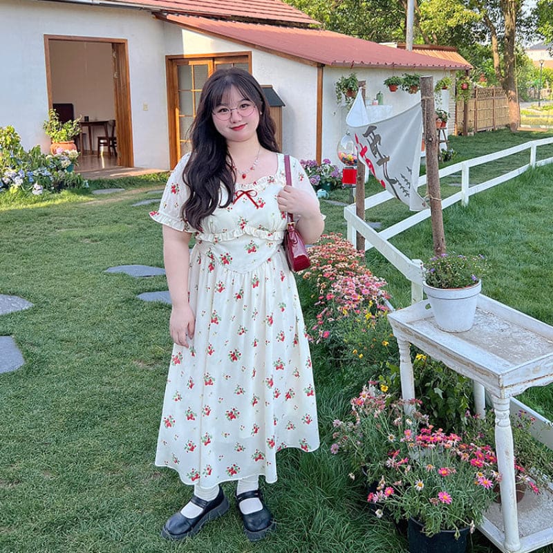 Sweet Retro Sling Floral Dress - long short-sleeved dress /