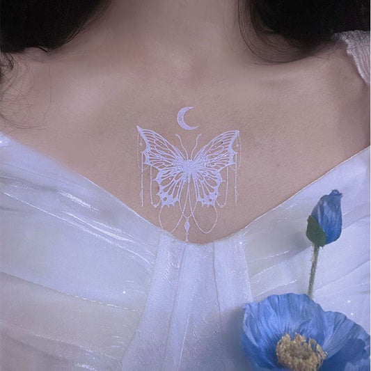 Sweet White Moon Butterfly Flower Tattoo Sticker