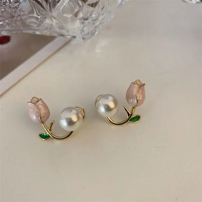 Kawaii Aesthetic Y2K Cute Fairy Chic Enamel Tulip Pearl Earrings MK Kawaii Store