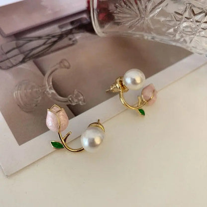 Kawaii Aesthetic Y2K Cute Fairy Chic Enamel Tulip Pearl Earrings MK Kawaii Store