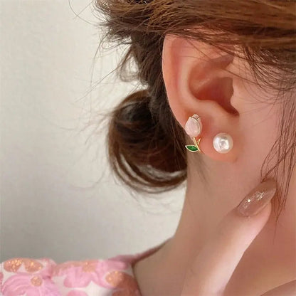 Kawaii Aesthetic Y2K Cute Fairy Chic Enamel Tulip Pearl Earrings MK Kawaii Store