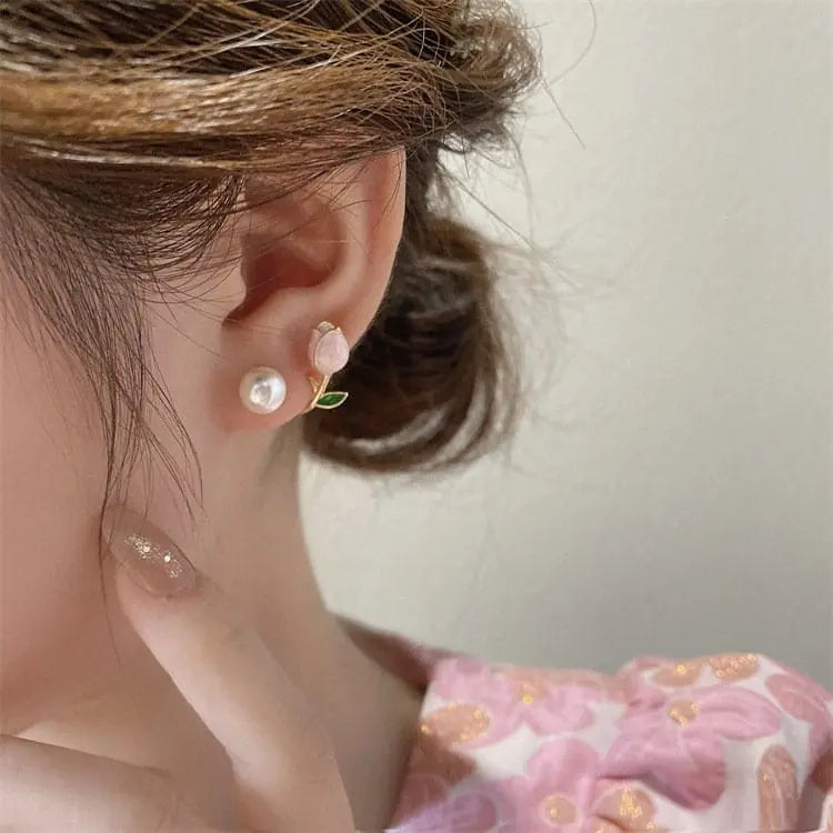 Kawaii Aesthetic Y2K Cute Fairy Chic Enamel Tulip Pearl Earrings MK Kawaii Store