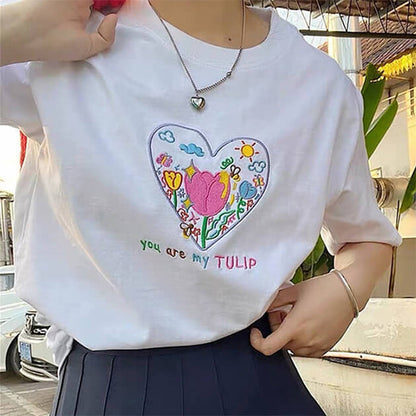 Tulip Embroidery Heart T-Shirt Boogzel Clothing