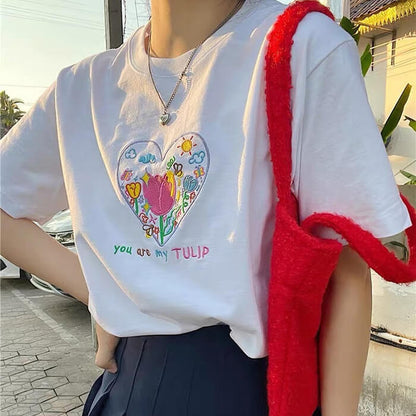 Tulip Embroidery Heart T-Shirt Boogzel Clothing